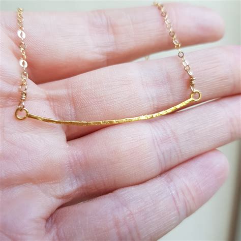 18k Gold Fill Hammered Bar Necklace Dainty Gold Filled Curved Bar