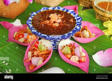 Delectable Fresh Lotus Petal Savory Wrapped Called Miang Kham In Thai