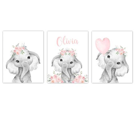 Baby Girl Nursery Art Pink Blush Floral Crown Elephants