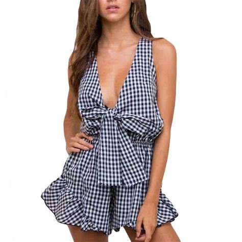 Yuqung 2017 New Deep V Neck Bow Rompers Plaid Playsuit Vintage Elastic