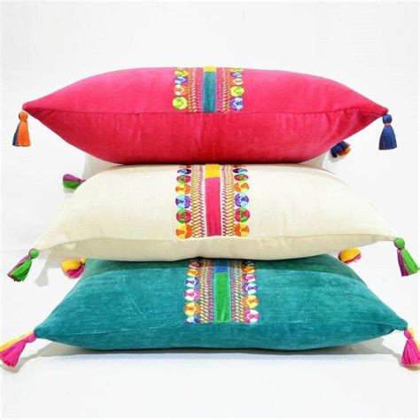 Teal Velvet Pillow Cover Multicolour Hand Embroidery Etsy Colorful