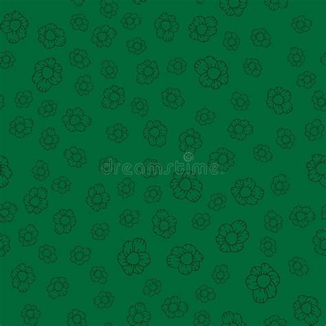 Simple Seamless Doodle Floral Pattern Black Line On Green Background