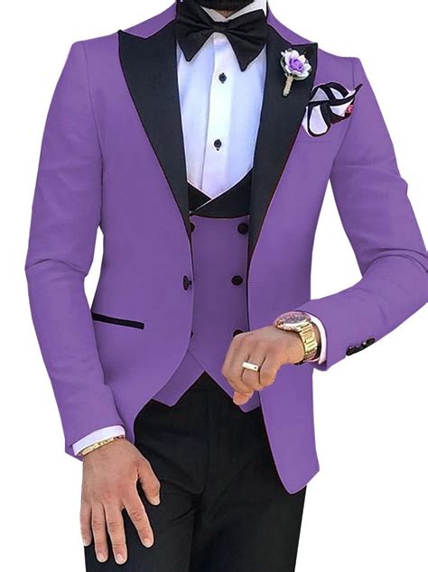 Fashion Purple Groom Tuxedos Black Peak Lapel Groomsmen Wedding Dress