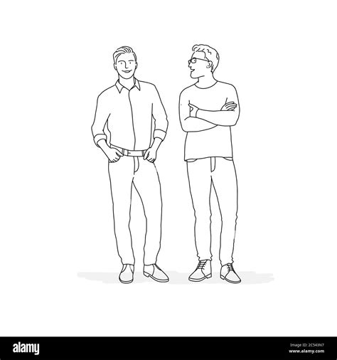 Two People Standing Next To Each Other Line Drawing Vector Illustration Stock Vector Image