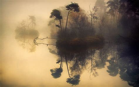 Hd Wallpaper Nature Landscape Lake Mist Boathouses Trees England Water