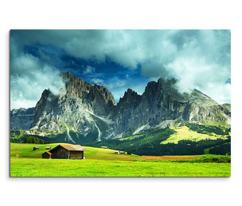 + (47) 55 32 03 00. 120x80cm Wandbild Alpen Berge Wiesen Holzhütte Wolken | Sinus Art - Einzigartige Designs ...