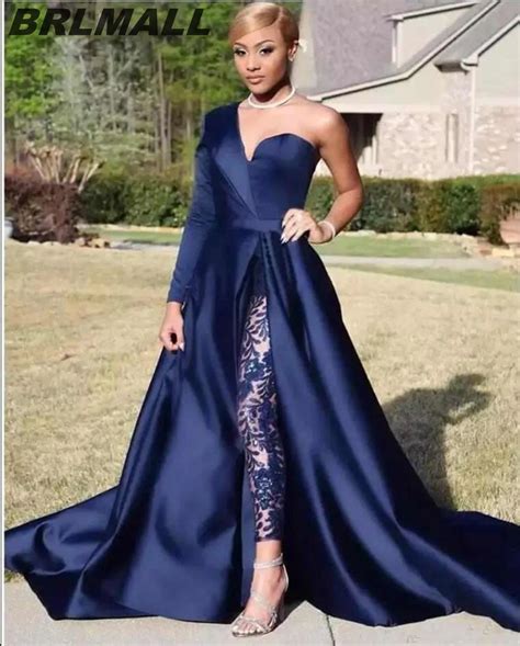 Women Jumpsuits 2019 Blue Two Pieces Prom Dresses One Shoulder Front