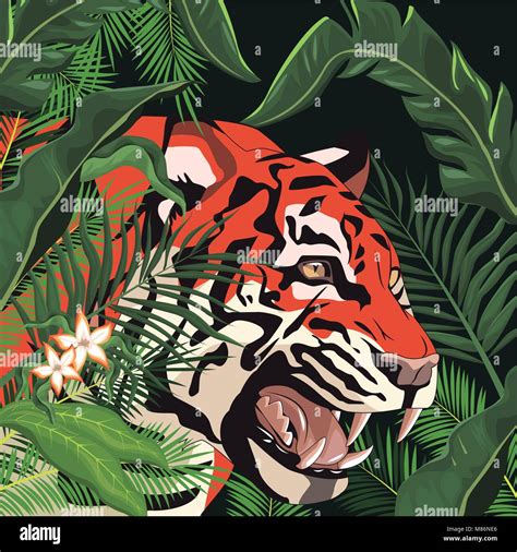 Tiger Drawing In The Jungle Vector Illustration Graphic Design Stock