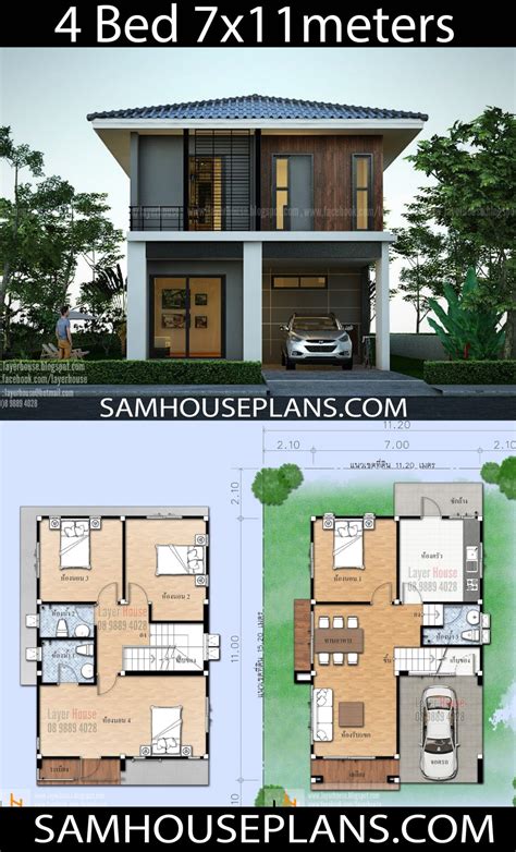 4 bedroom floor plans, house plans, blueprints & designs. House Plans Idea 7x11 m with 4 bedrooms - SamHousePlans