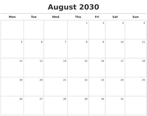 August 2030 Calendar Maker