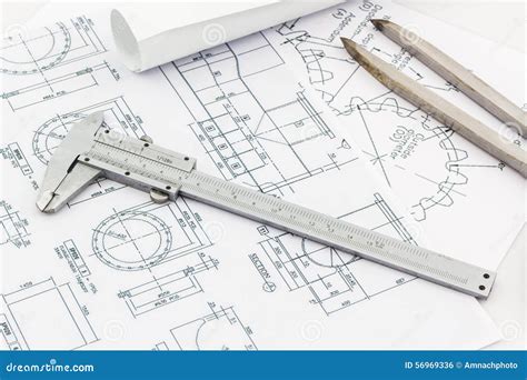 Engineering Dividers Tools And Vernier Scale On Blueprint Backgr Stock