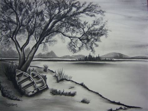 Peaceful Day Charcoal Drawing Landscape Sketch Landscape Drawings