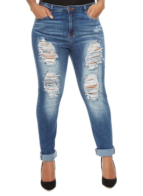 Plus Size Whisker Wash Distressed Skinny Jeans Rainbow
