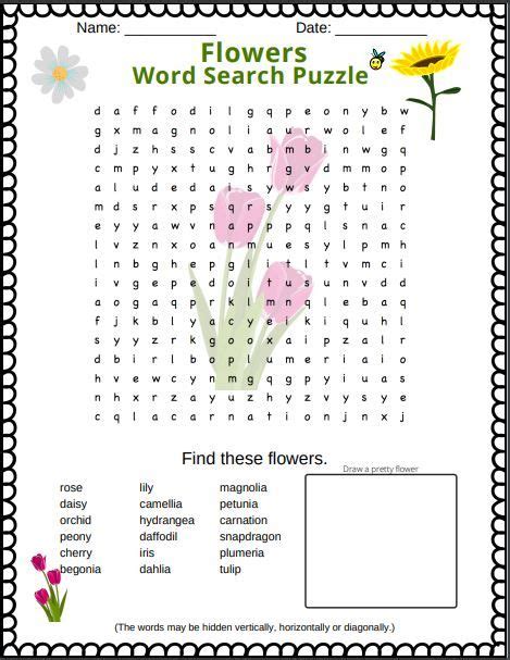 Flowers Word Search Puzzle Fun For Kids And Adults Flowers Words