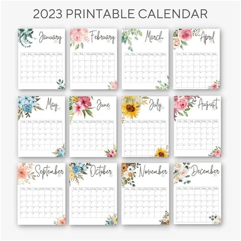 2023 Printable Calendar Watercolor Flowers Etsy