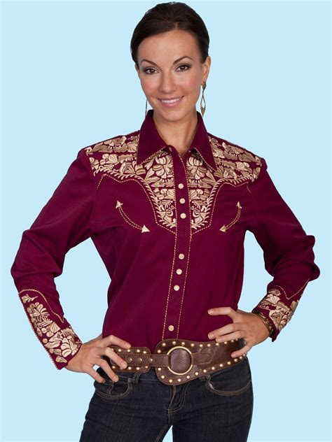 Scully® Womens Burgundy And Gold Embroidered Yoke Ls Western Show Shirt Western Wear Western