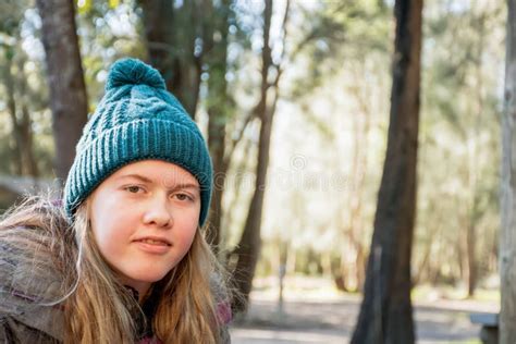 Camping Lifestyle Teenage Girl Wearing Beanie Hat Enjoying Forest