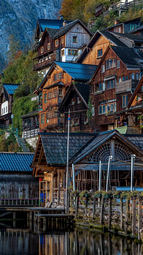 Austria Building Hallstatt House With Reflection On Lake 4k 5k Hd