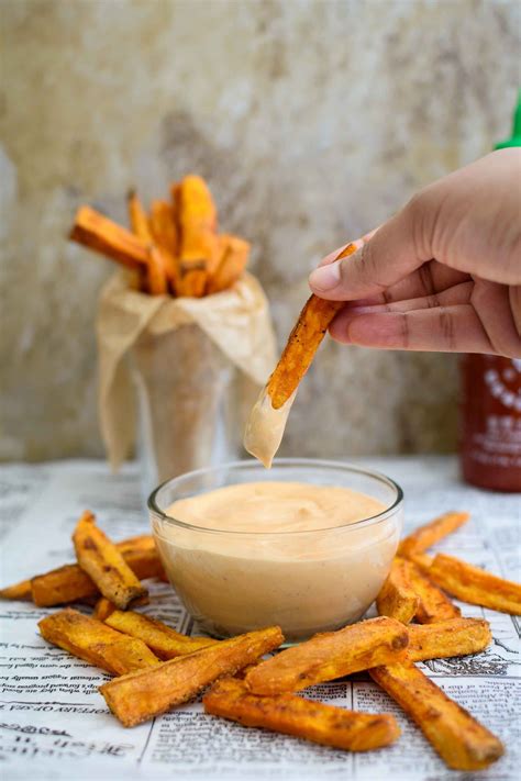 Crispy, baked sweet potato fries are obviously not chicken wings. Sweet Potato Fries with Creamy Sriracha Sauce | Recipe ...