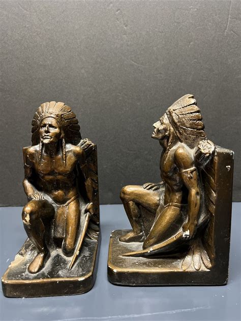 Vtg Kneeling Indian Chief Bookends 1942 E C A Plaster Bronze Etsy