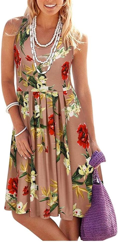 Kilig Women Sundress Summer Casual Dresses Loose Print Pleated Sleeveless Midi Vest Dresses For