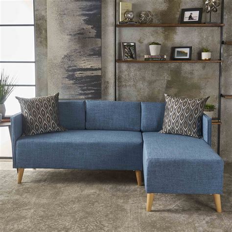 Andresen Mid Century Modern Muted Blue Fabric Chaise Sectional