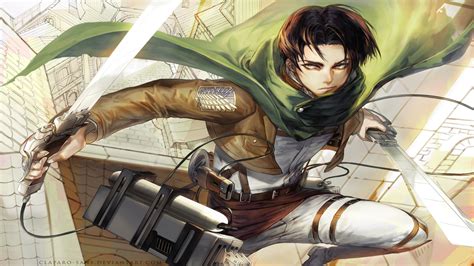 Attack On Titan Levi Ackerman With Two Sords And A Green Scarf On Back