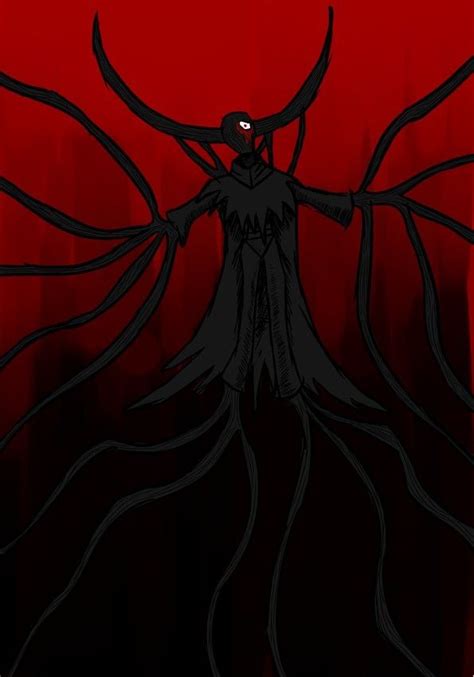 A Black And Red Drawing Of A Demon With Long Slender Arms On It S Head