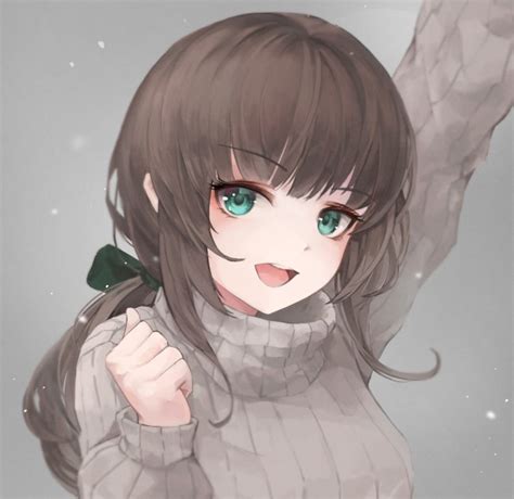 Wallpaper Anime Girl Sweater Brown Hair Green Eyes Wallpapermaiden
