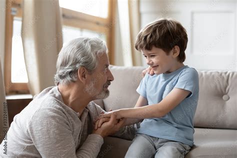 Loving Elderly Grandfather Talk Make Peace With Smiling Little