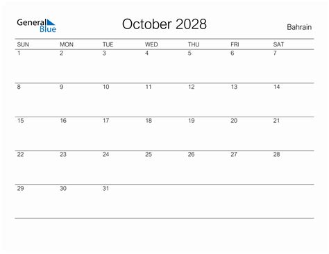 Printable October 2028 Monthly Calendar With Holidays For Bahrain
