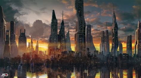 Download Skyscraper Futuristic Building Sunrise Reflection Sci Fi City