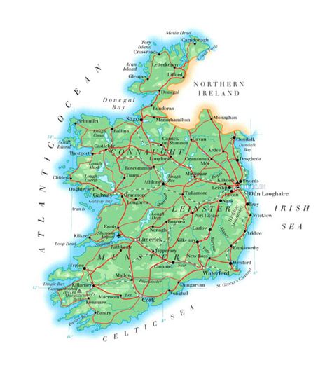 Large Detailed Physical Map Of Ireland With Roads Cities And Airports
