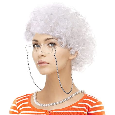 old lady costume set grandmother wig wig caps madea granny glasses eyeglass retainer chain