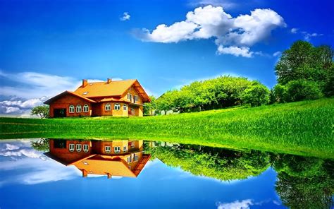 Art Pictures House And Pond Wallpapers