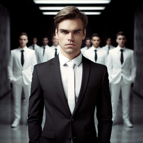 Premium Ai Image A Man In A Suit Stands In Front Of A Row Of Other Men