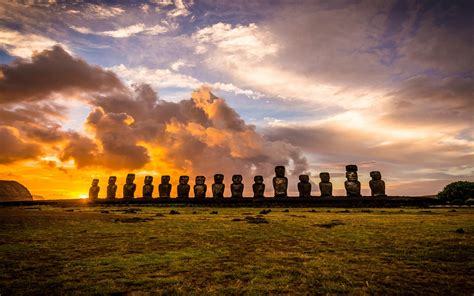 Landscape Nature Sunrise Rapa Nui Island Clouds Chile Moai Statue