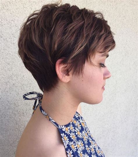 Brunette Pixie With Feathered Layers Short Brunette Hair Thick Hair