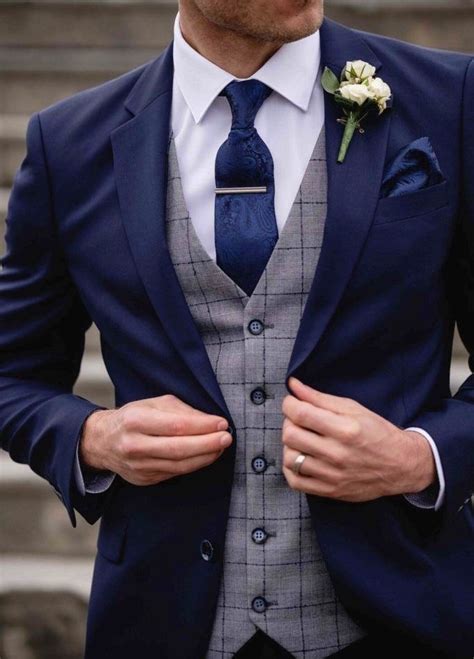 Create your own made to measure suit personalized for you. Blue custom made wedding suit with grey windowpane vest ...