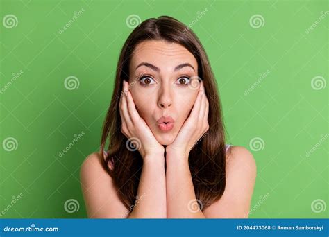 Closeup Photo Young Pretty Shocked Girl Lady Palms Face Pouted Lips