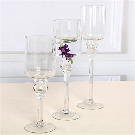 Set Of 3 Clear Long Stem Cylinder Glass Vase Candle Holder Set 12 14 16 Efavormart