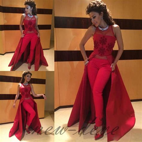 Red Pant Suit With Train Evening Dress Undetachable Sleeveless Formal