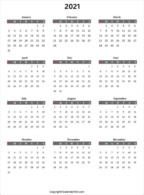 2021 Yearly Calendar Template A4 Royalty Free Vector