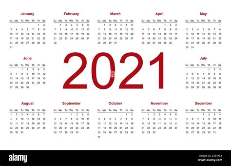 Calendario 2021 Año De La Plantilla De Diseño Vectorial La Semana Comienza En Domingo