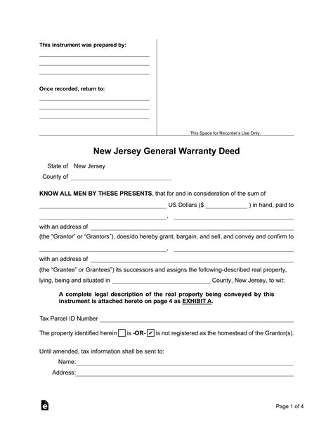 Free New Jersey General Warranty Deed Form Pdf Word Eforms