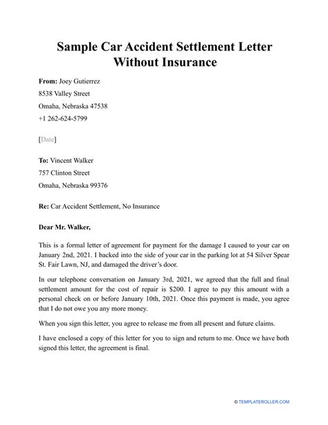 Sample Car Accident Settlement Letter Without Insurance Download Printable Pdf Templateroller