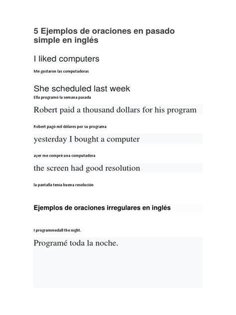 5 ejemplos de oraciones en pasado simple en inglés pdf