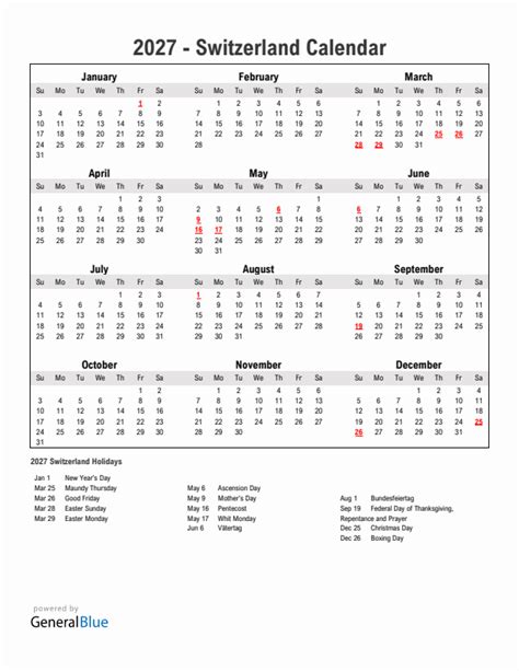 Year 2027 Simple Calendar With Holidays In Switzerland