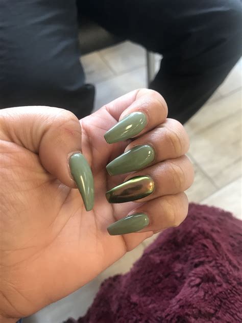 Olive Green Nails With A Chrome Nail On Ring Finger ️ Chrome Nails