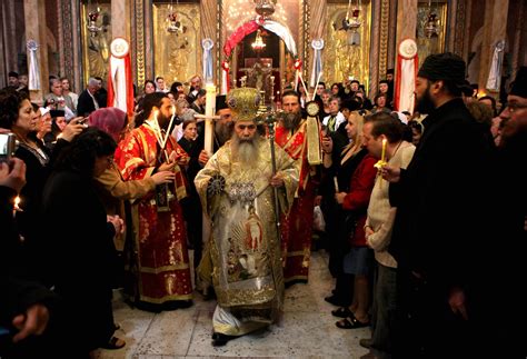 Orthodox Easter Ceremony At Midnight The Priest Announces The